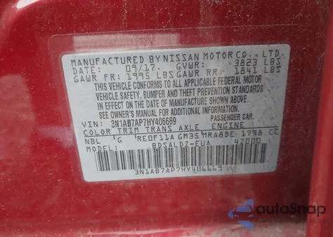 2017 Nissan Sentra Sv из США, поврежденный, VIN 3N1AB7AP7HY406669